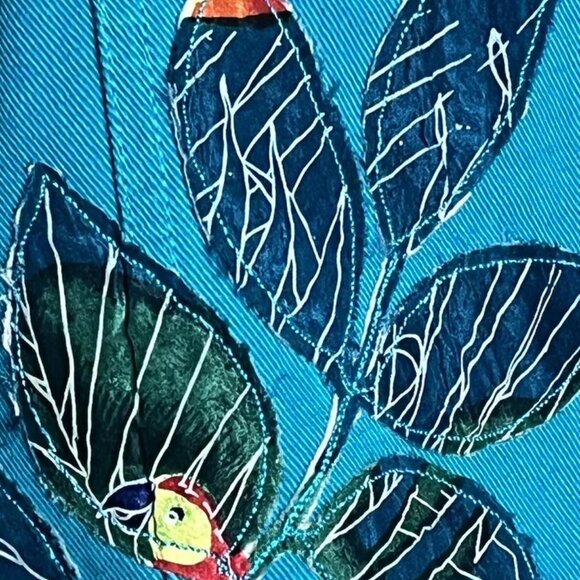 Chico's Design Jacket 2 M Denim Silk Embroidered Floral Hawaiian Parrot Bead VTG - Picture 9 of 11